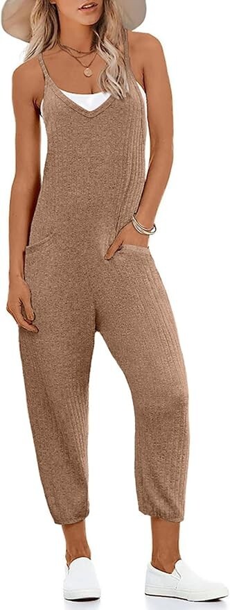 Ekouaer Jumpsuit, Sleeveless, Spaghetti Strap, Ribbed, V Neck, Brown/Beige Gray