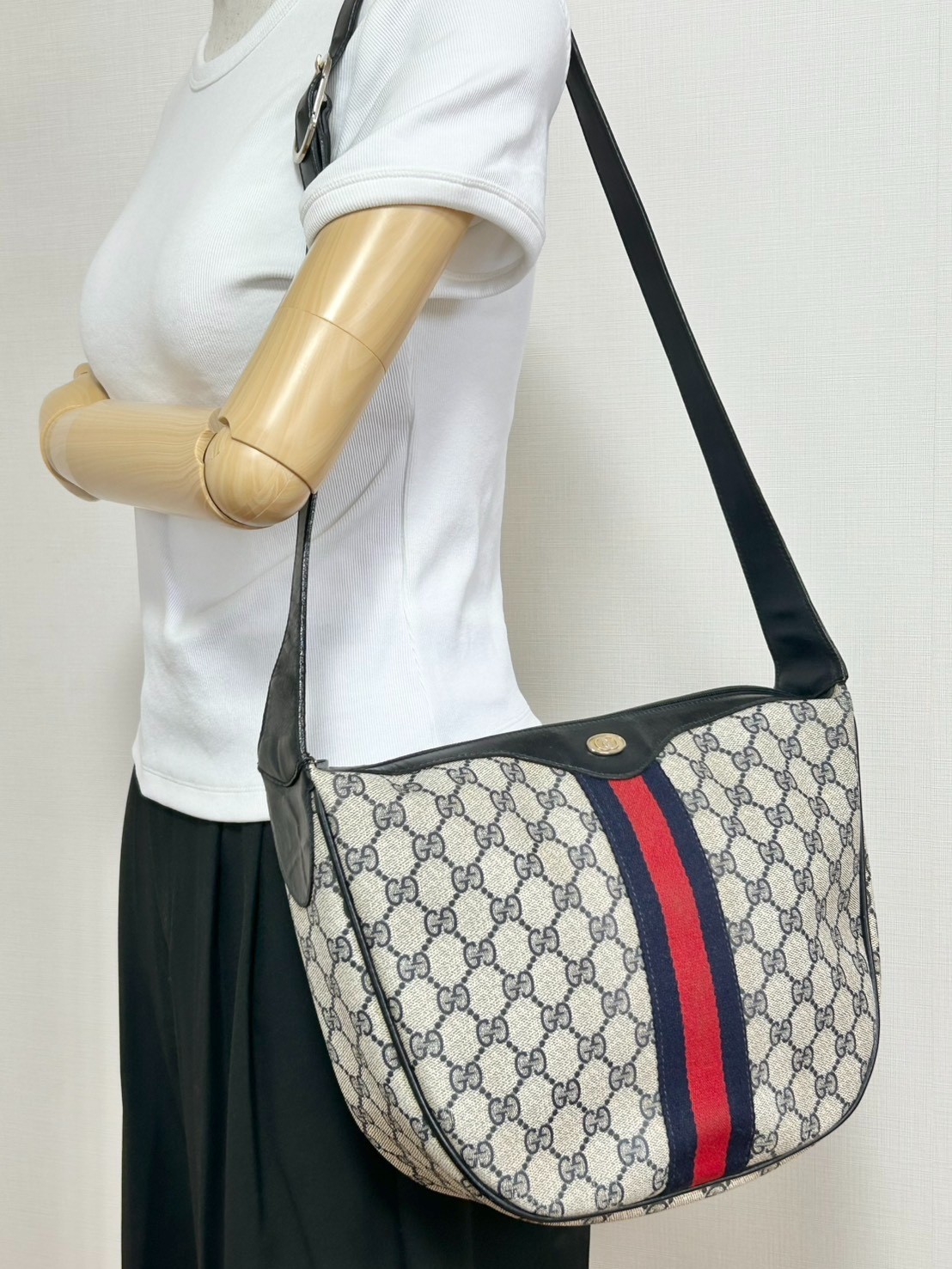 Vintage GUCCI Shoulder Bag GG Supreme Sherry Line PVC Leather Navy Authentic