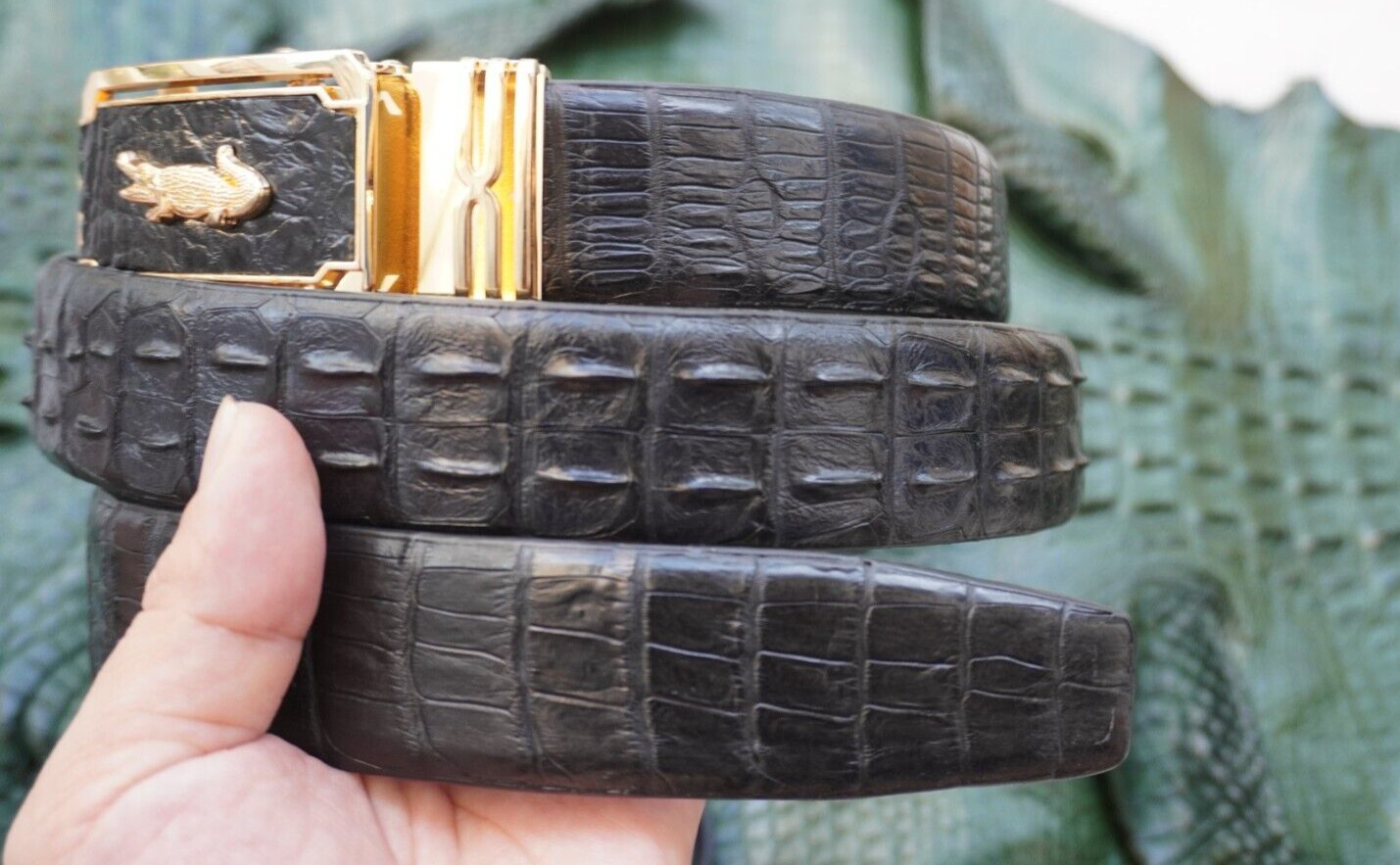 Black Genuine CROCODILE Hornback LEATHER Skin Men’s Belt -W 1.3 inch # Q01