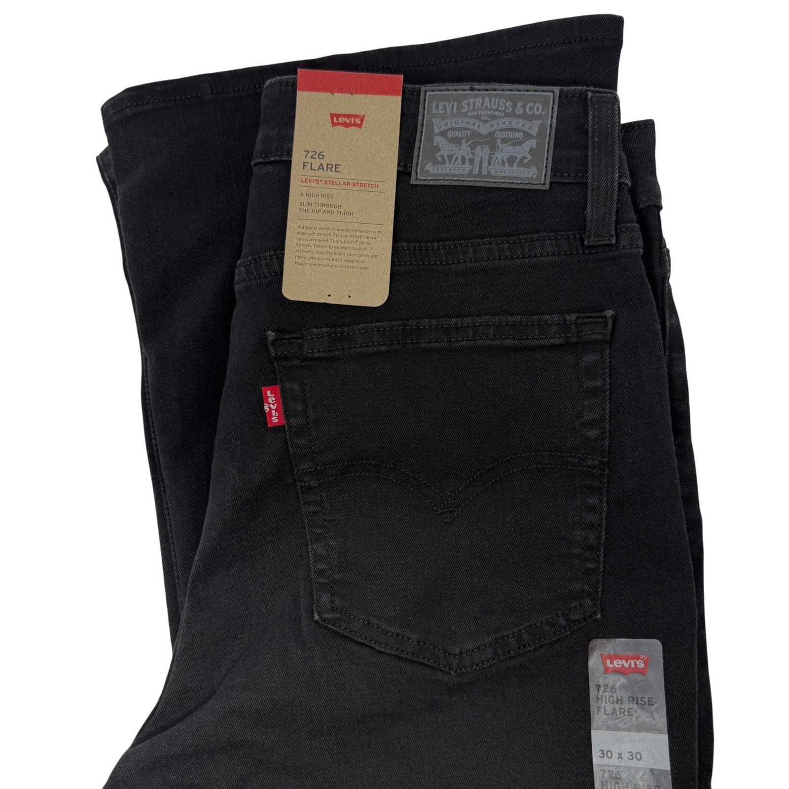 Levi’s 726 High Rise Flare Jeans Black Stellar Stretch Womens 30×30 NEW