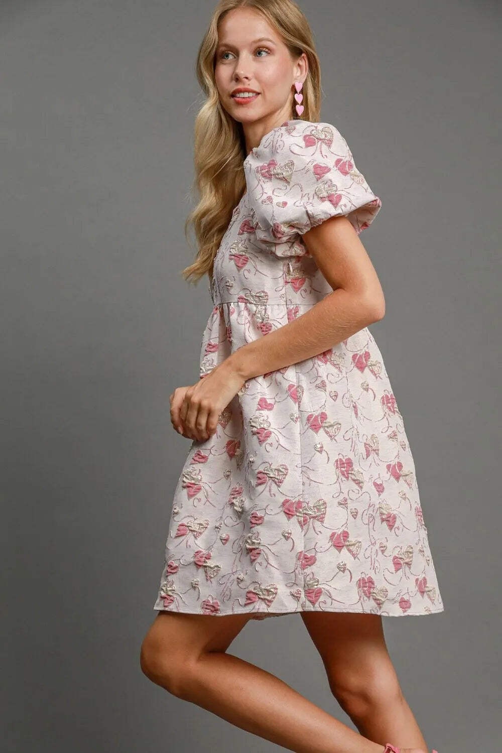 Umgee White Pink Heart Jacquard Square Neck Puff Sleeve Mini Babydoll Dress