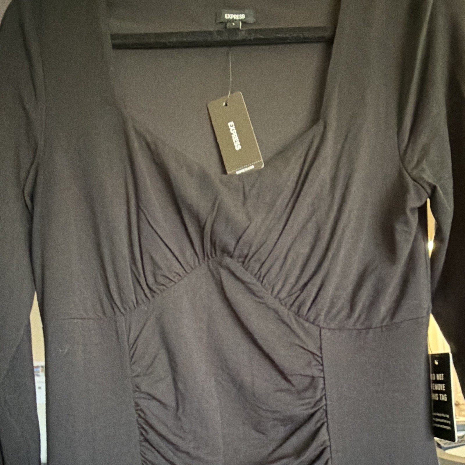 Express Women’s Black Solid V-Neck Long Sleeve Sheath Midi Dress Size S