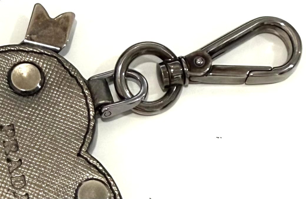 PRADA Heart Charm Key Ring Bag Charm Silver Saffiano Leather Studs 2.8×2.8in.