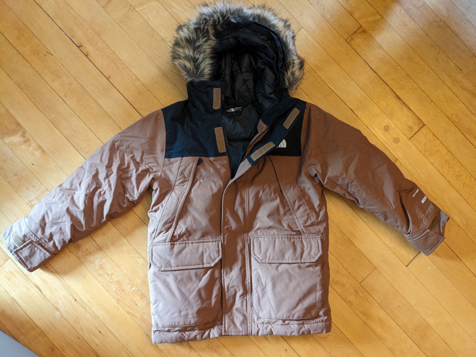 The North Face Hooded Down Parka Jacket Faux Fur Trim Brown/Black Boys S 7/8