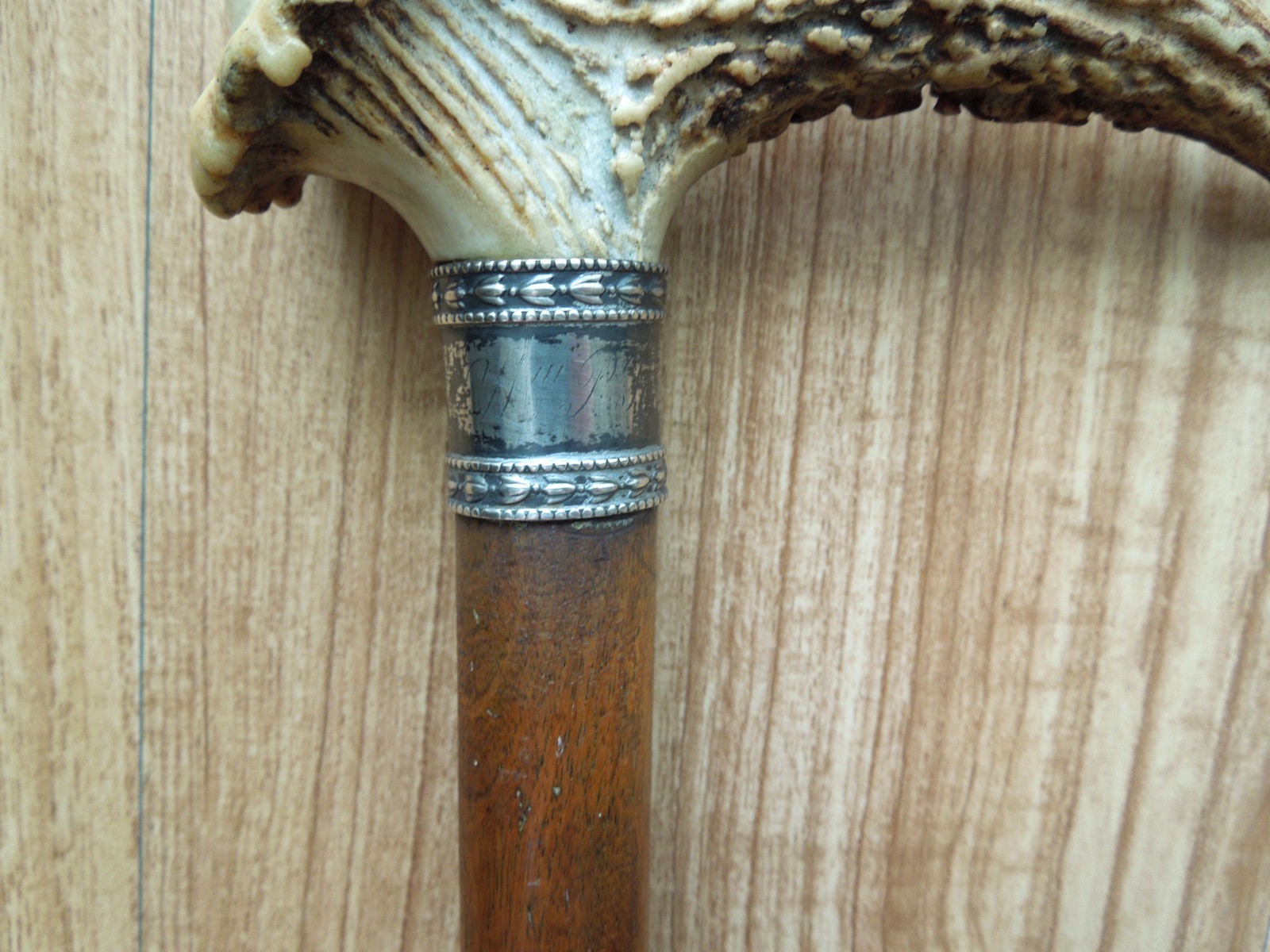 VINTAGE Antler Stag Horn Handle Cane Walking Stick Silver Collar 35″ length