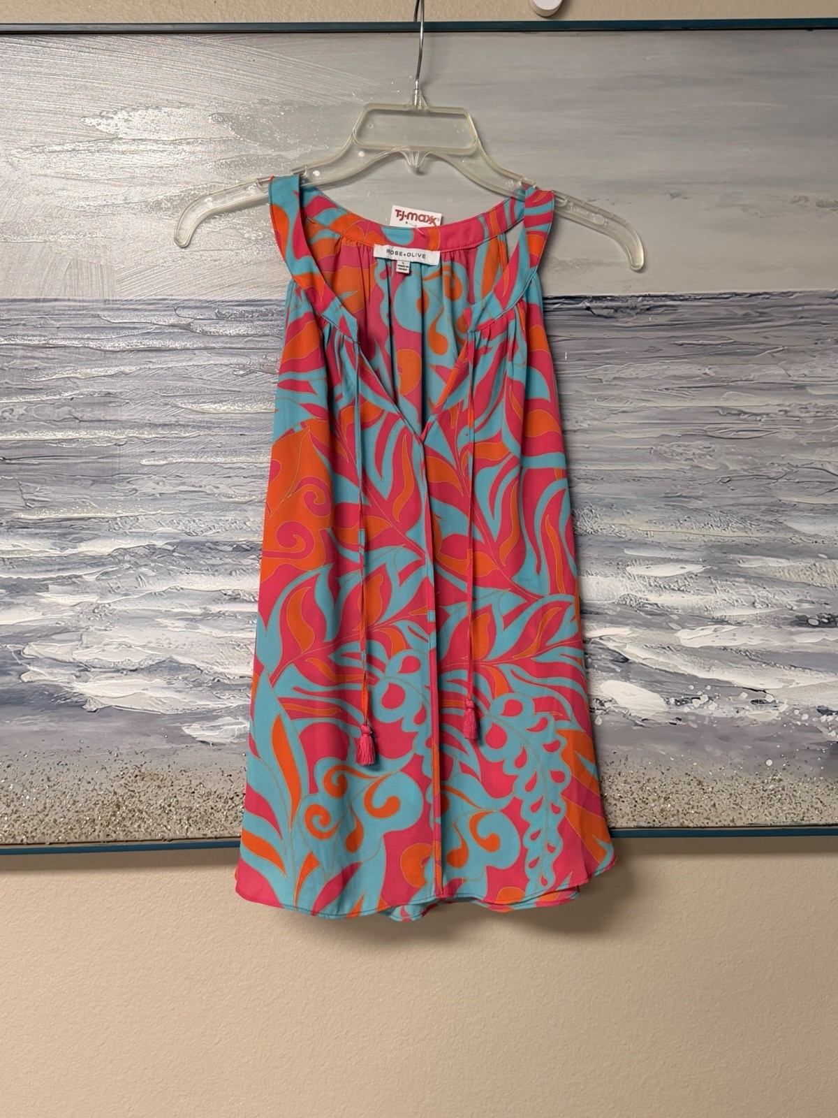 Rose & Olive Womens Size Large Pink Orange & Turquoise Printed Sleeveless Blouse