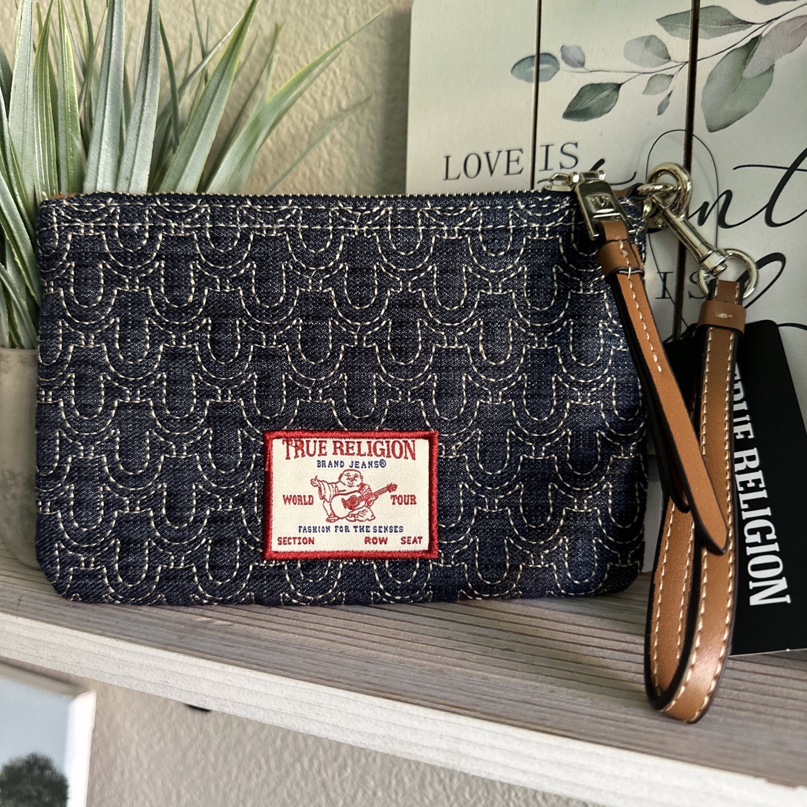 NWT True Religion Logo Horseshoe Stitched Dark Denim Wristlet Gold Hardware $48