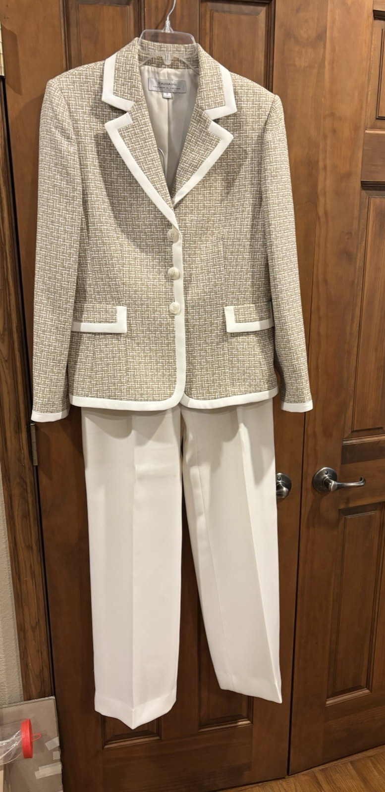Tahari Arthur S Levine Sz 10 Pant Suit Tan Ivory Tweed Blazer 2 Pc Set Wide Leg