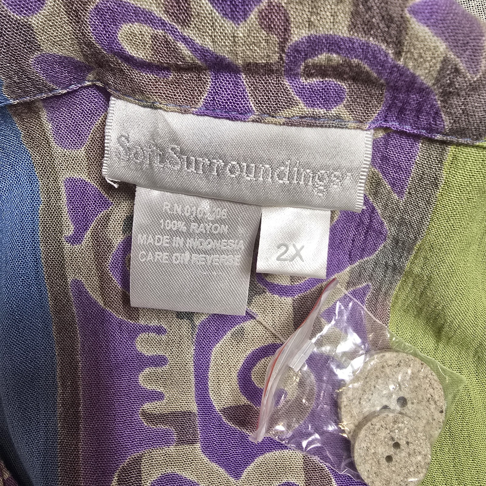 Soft Surroundings 100% Rayon Teal Green Purple Button Blouse Overlay Tunic 2x