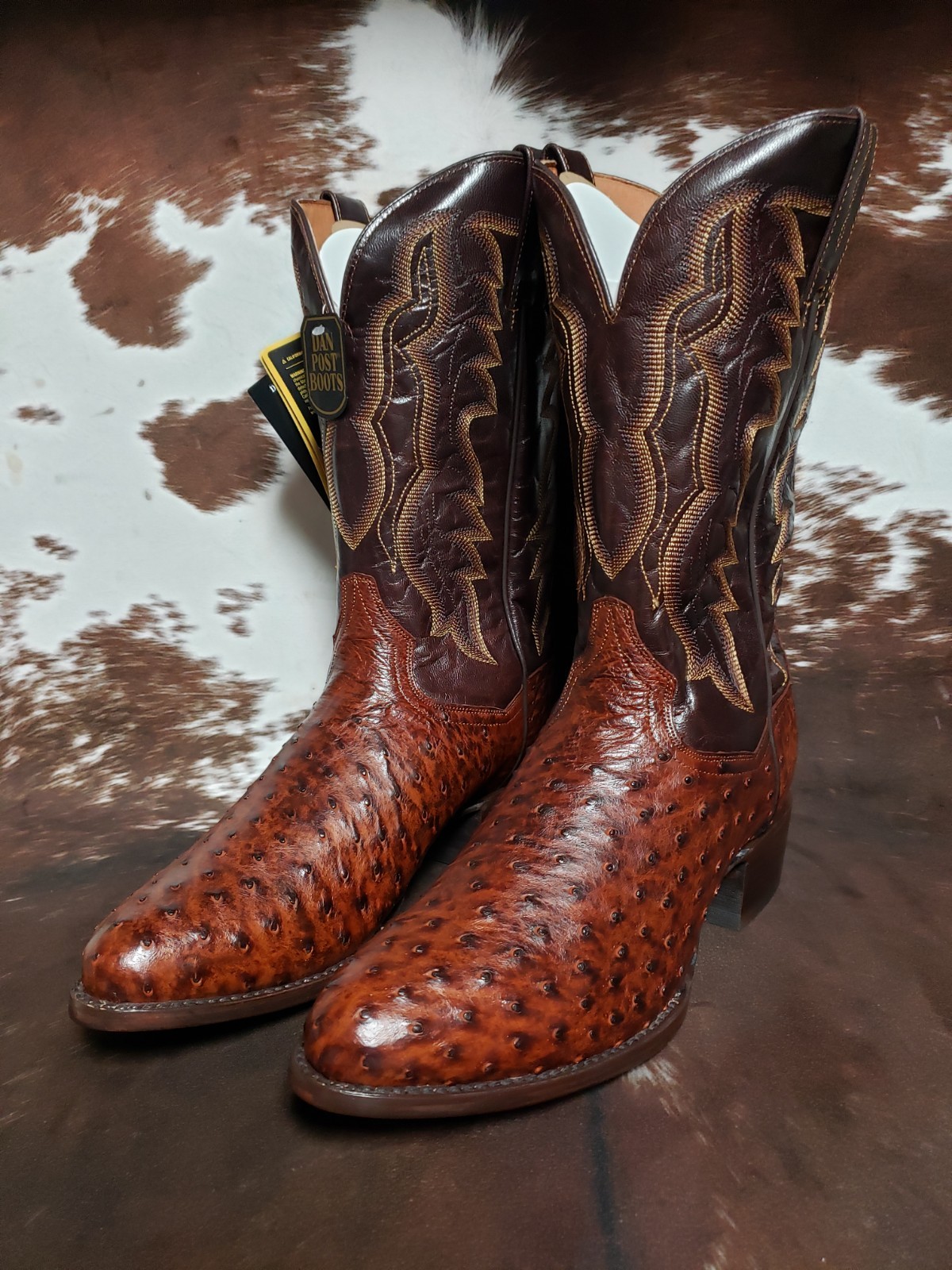 Dan Post Pershing Brass Full Quill Ostrich Western Boots Round Toe Mens Sz 12 D