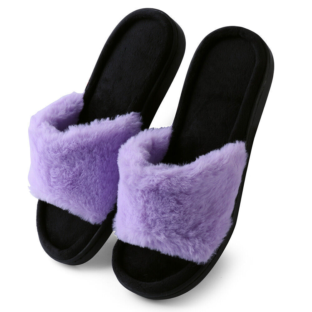 Aerusi Women Fuzzy Comfy Slide Open Toe Memroy Foam Slippers House Bedroom Shoes