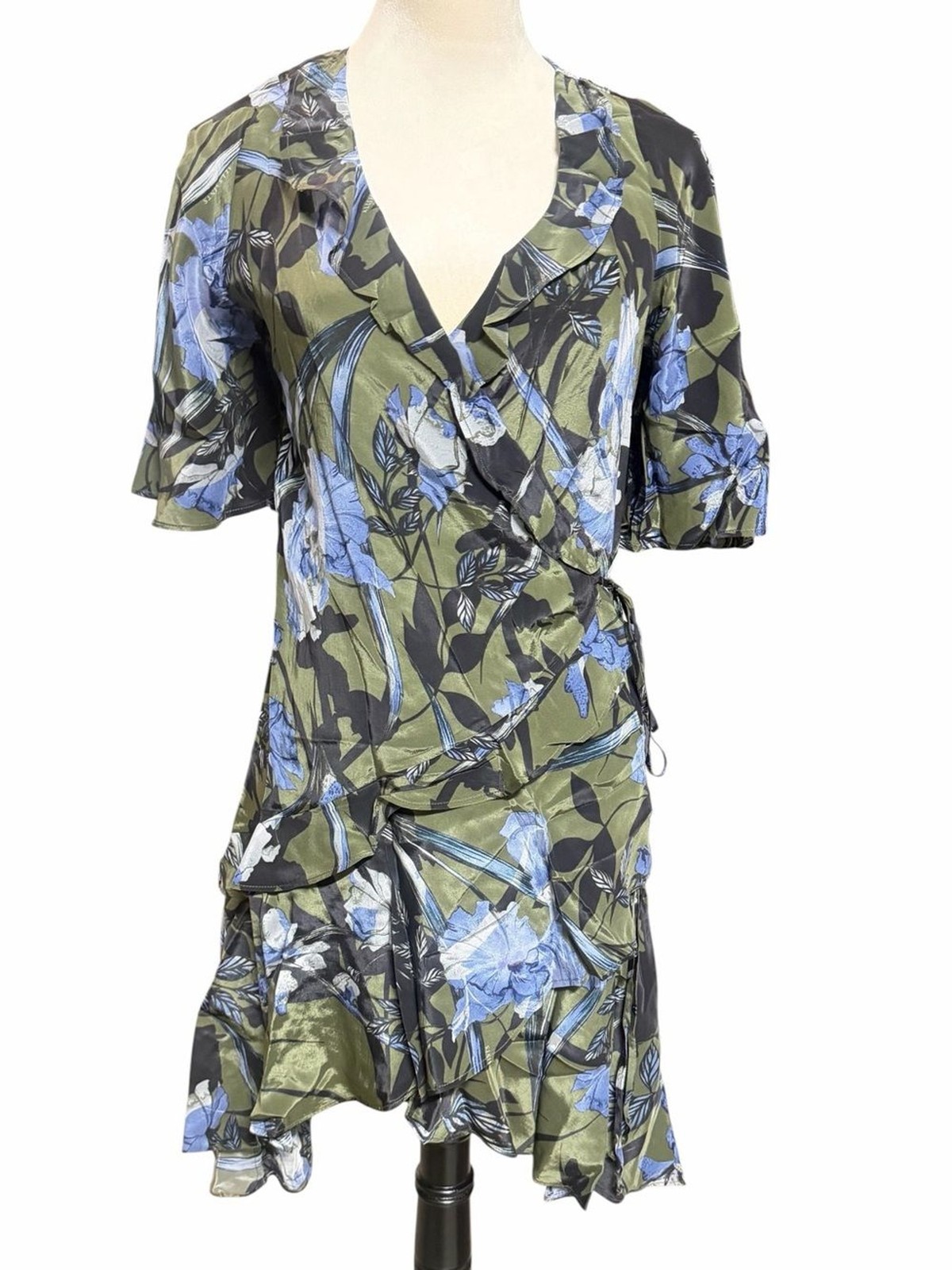 AllSaints Olive and Blue Floral High-Low Wrap Dress 100% Viscose