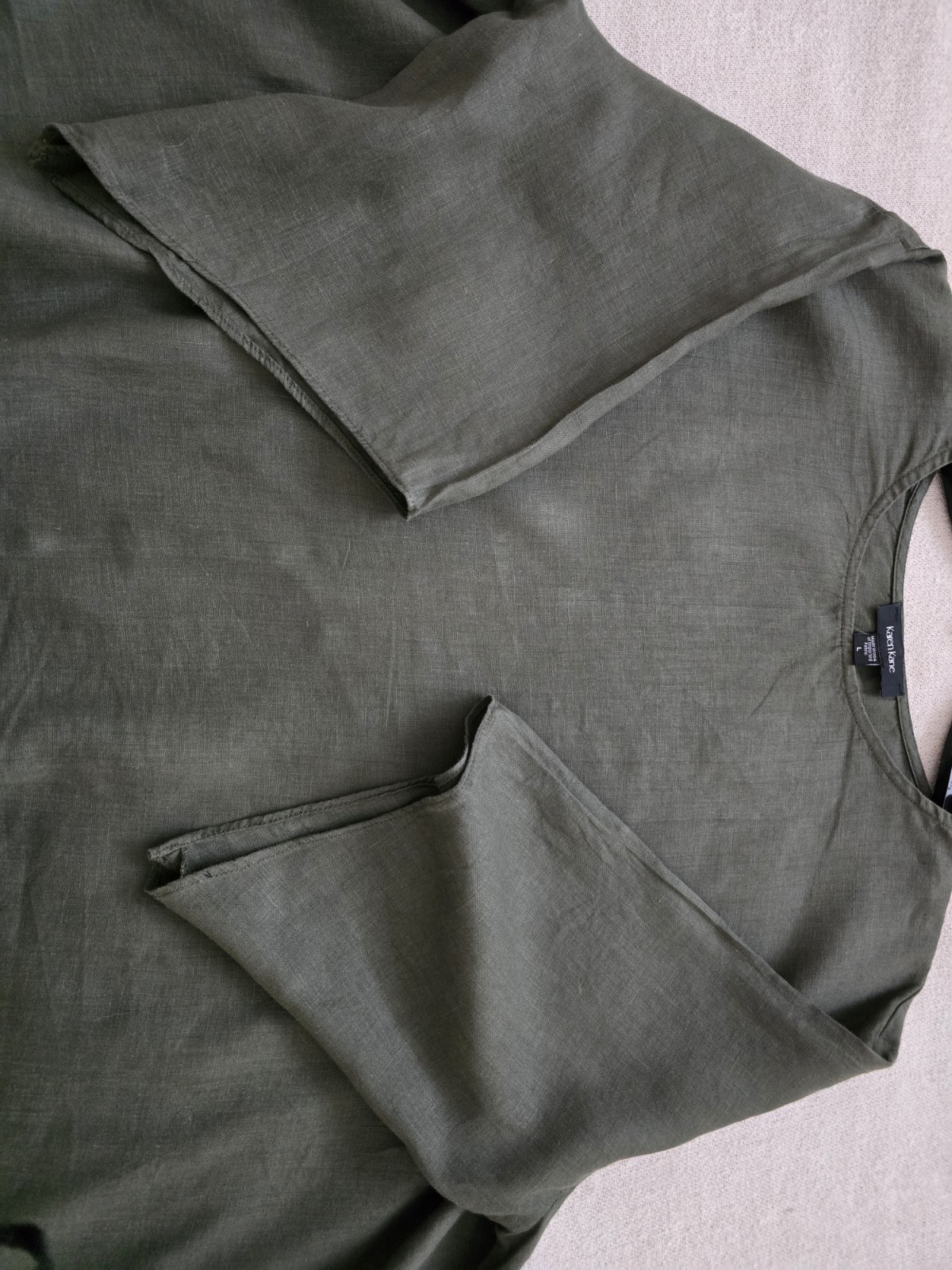 Karen Kane Slub Handkerchief Hem Linen Pullover Top Olive Green SzL Lagenlook