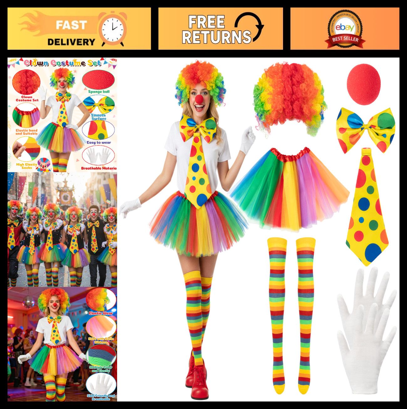 7Pcs Women’s Clown Costume Set – Rainbow Dress, Wig, Bow Tie, Socks & Gloves – C