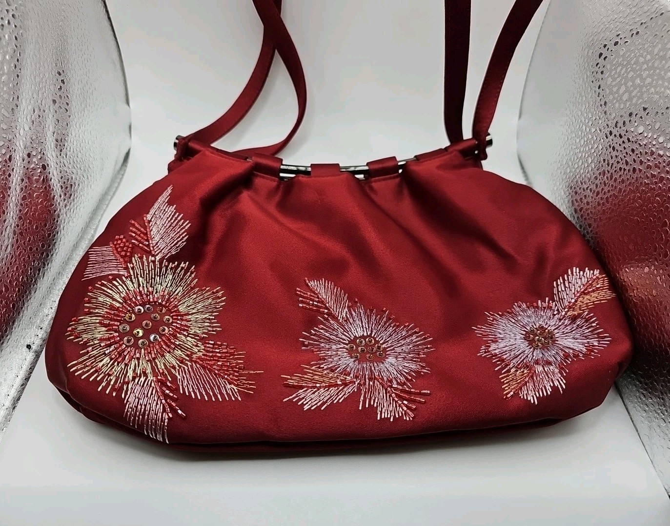 Drap Vintage Red Beaded Front Evening Bag Approx 11×8 Polyester Made In Spain