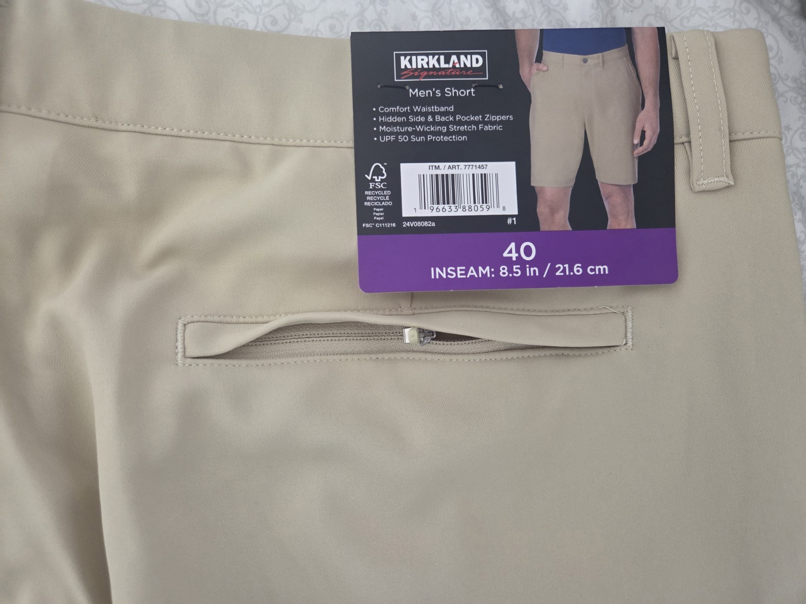 Kirkland Signature Men’s Beige Chino Shorts 8.5″ Inseam UPF 50 Stretch