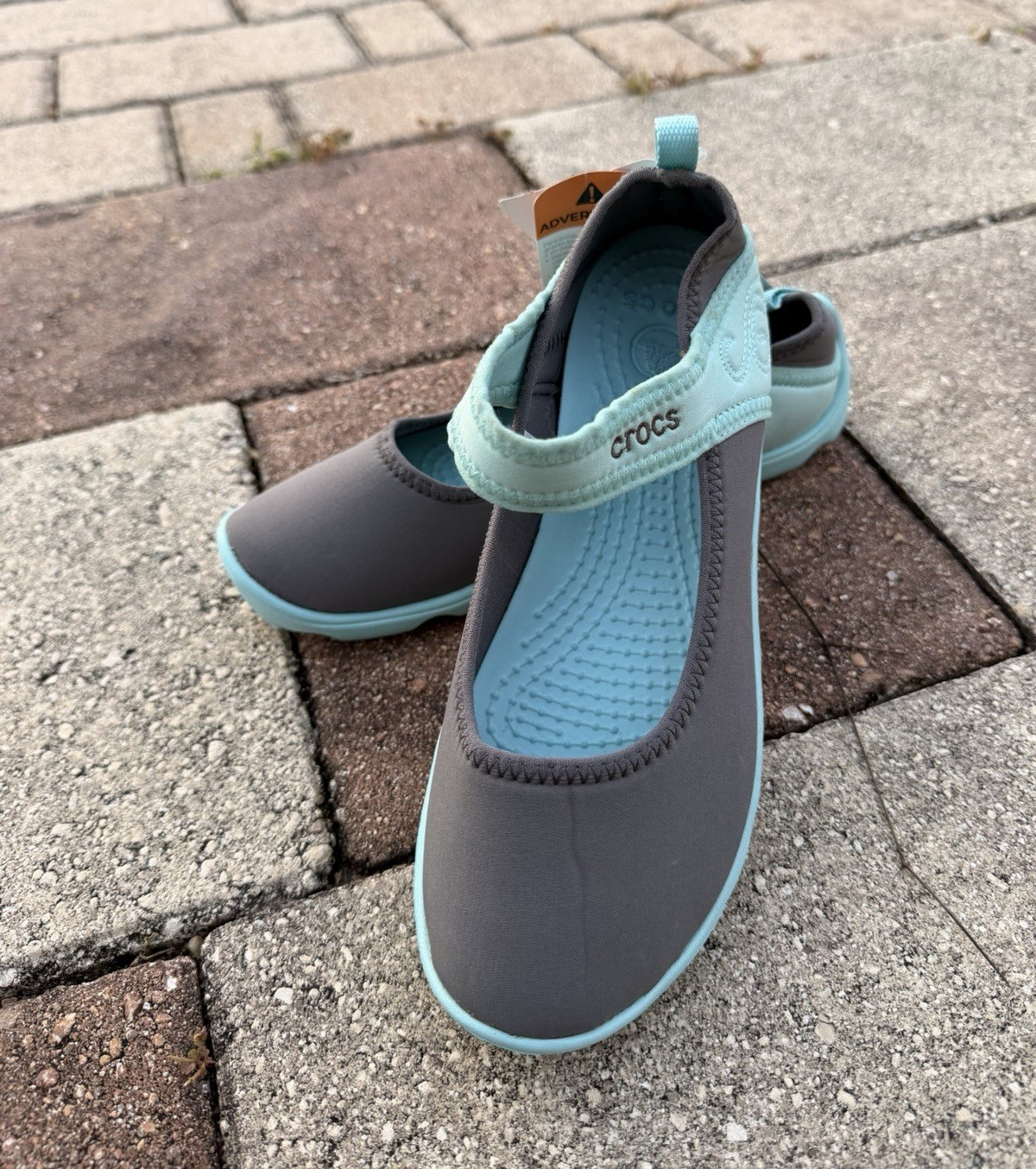 Crocs Women’s Mary Jane Flat Gray/Blue Neoprene Slip-On Strap Round Toe 3M
