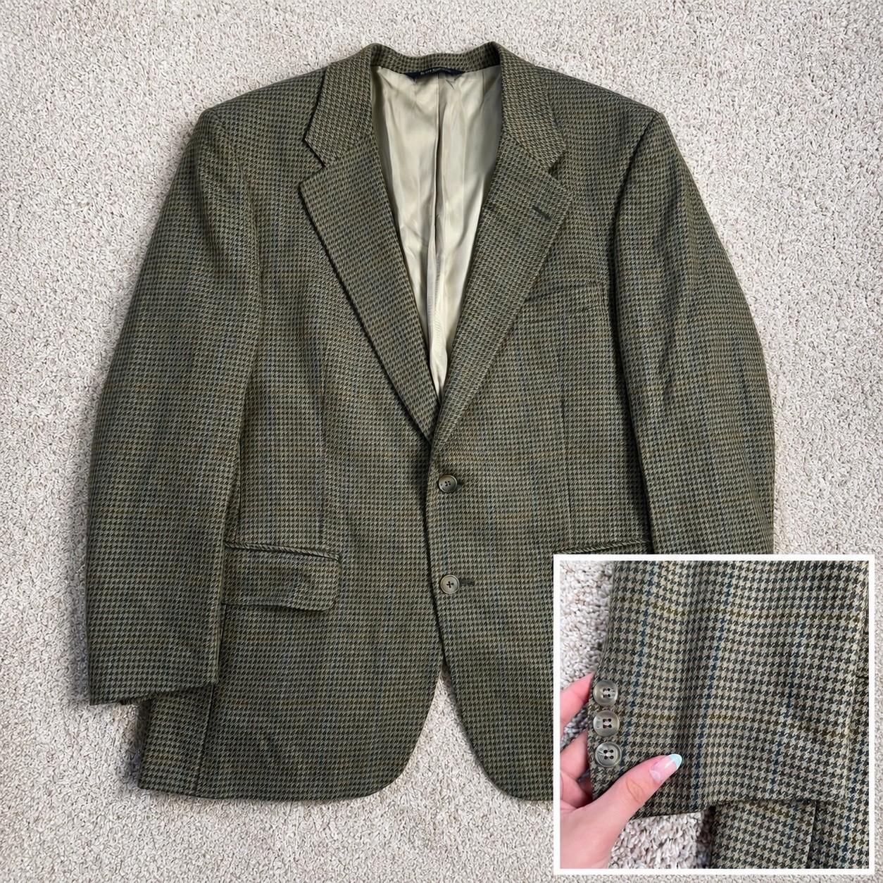 Vintage Men’s Burberry Bloomingdales Wool Blazer Olive Green Houndstooth 46R