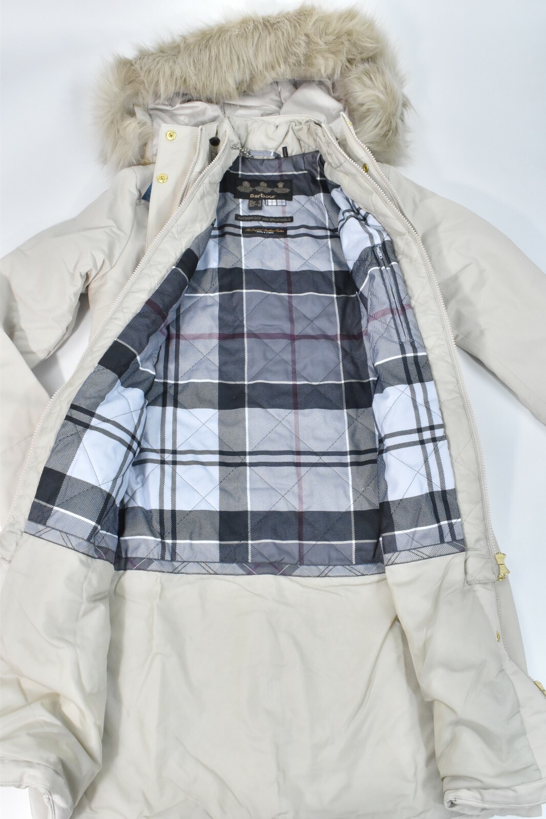 Barbour Women Bute Down Coat Jacket New Beige US 6 Waterproof Faux-Fur Hooded