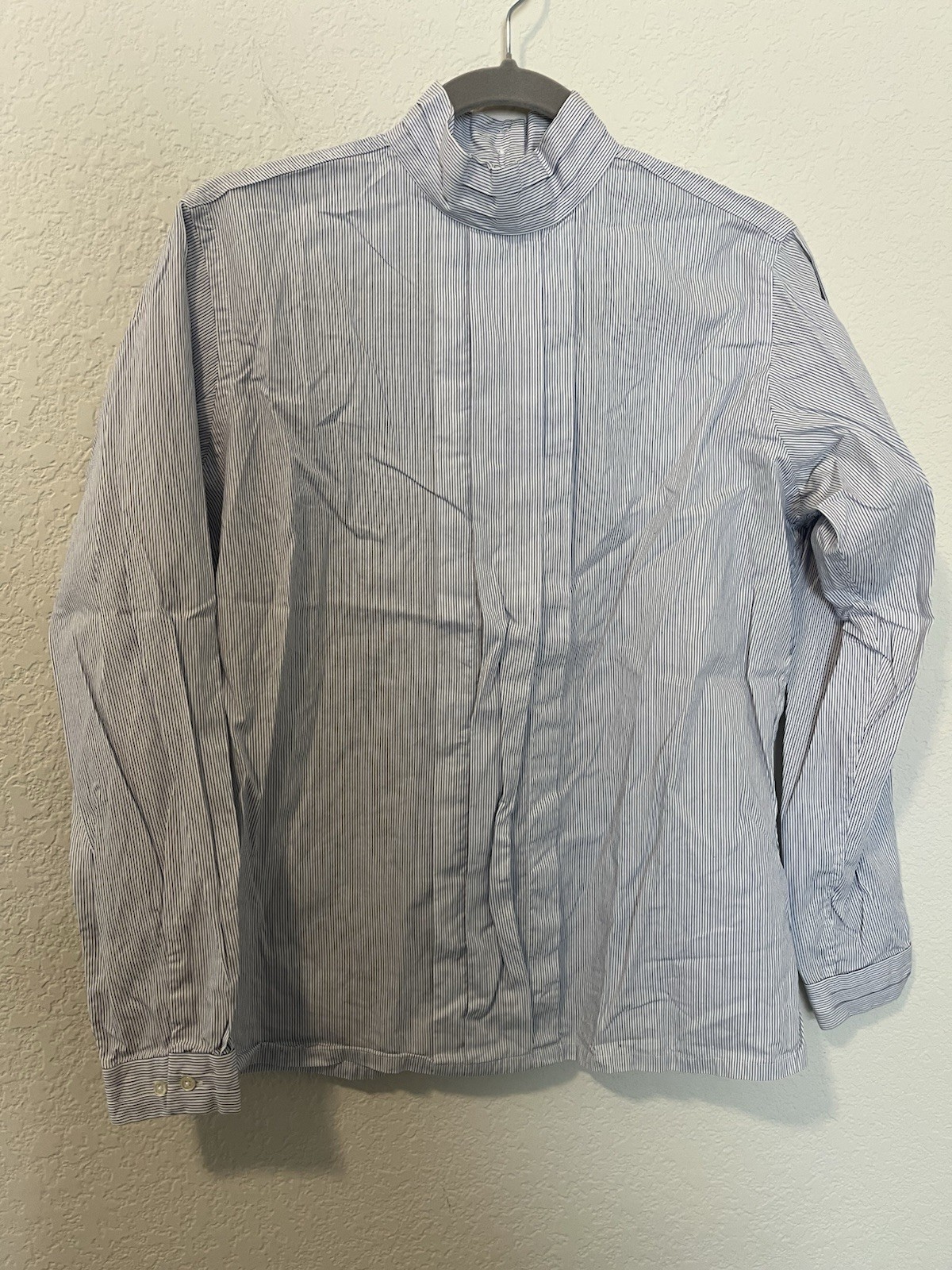 Lands End Blouse Women’s 8 Button Blue High Neck Long Sleeve Classic 100% Cotton