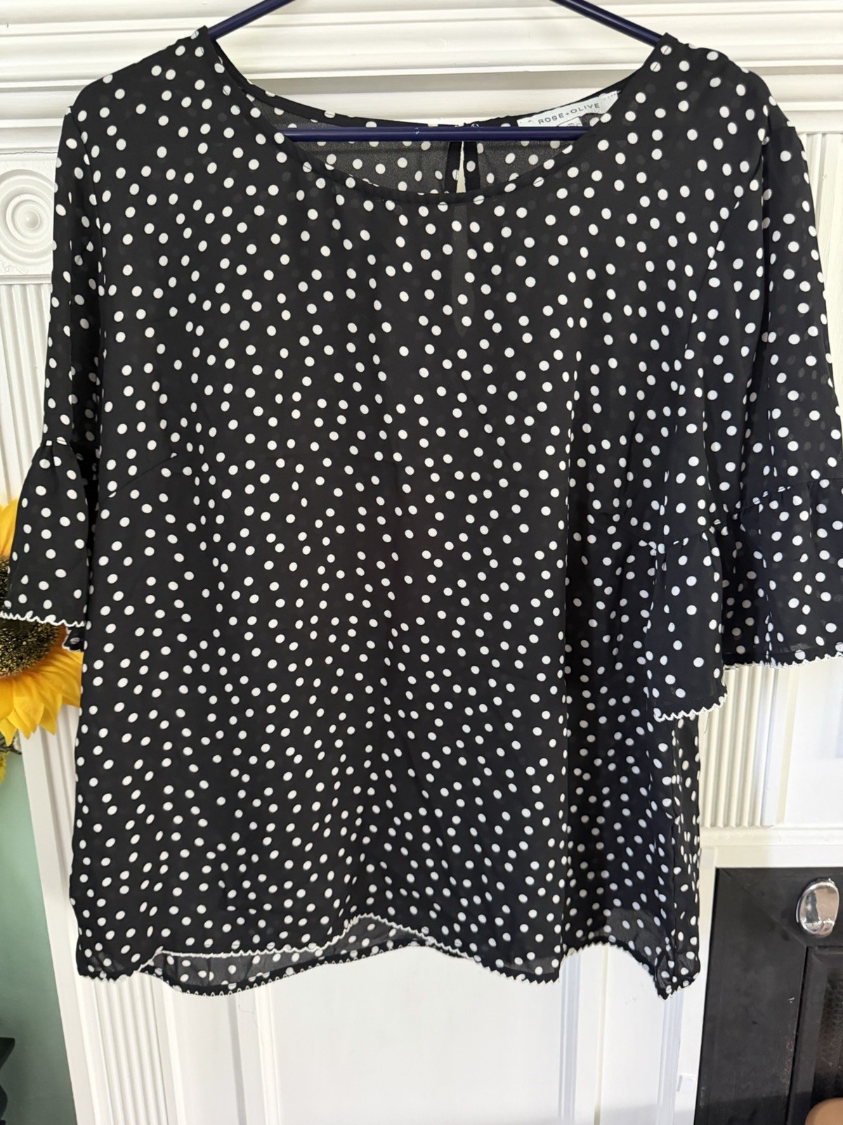 Rose & Olive Women’s Maternity XL Black White Polka Dot Round Neck Bell Blouse