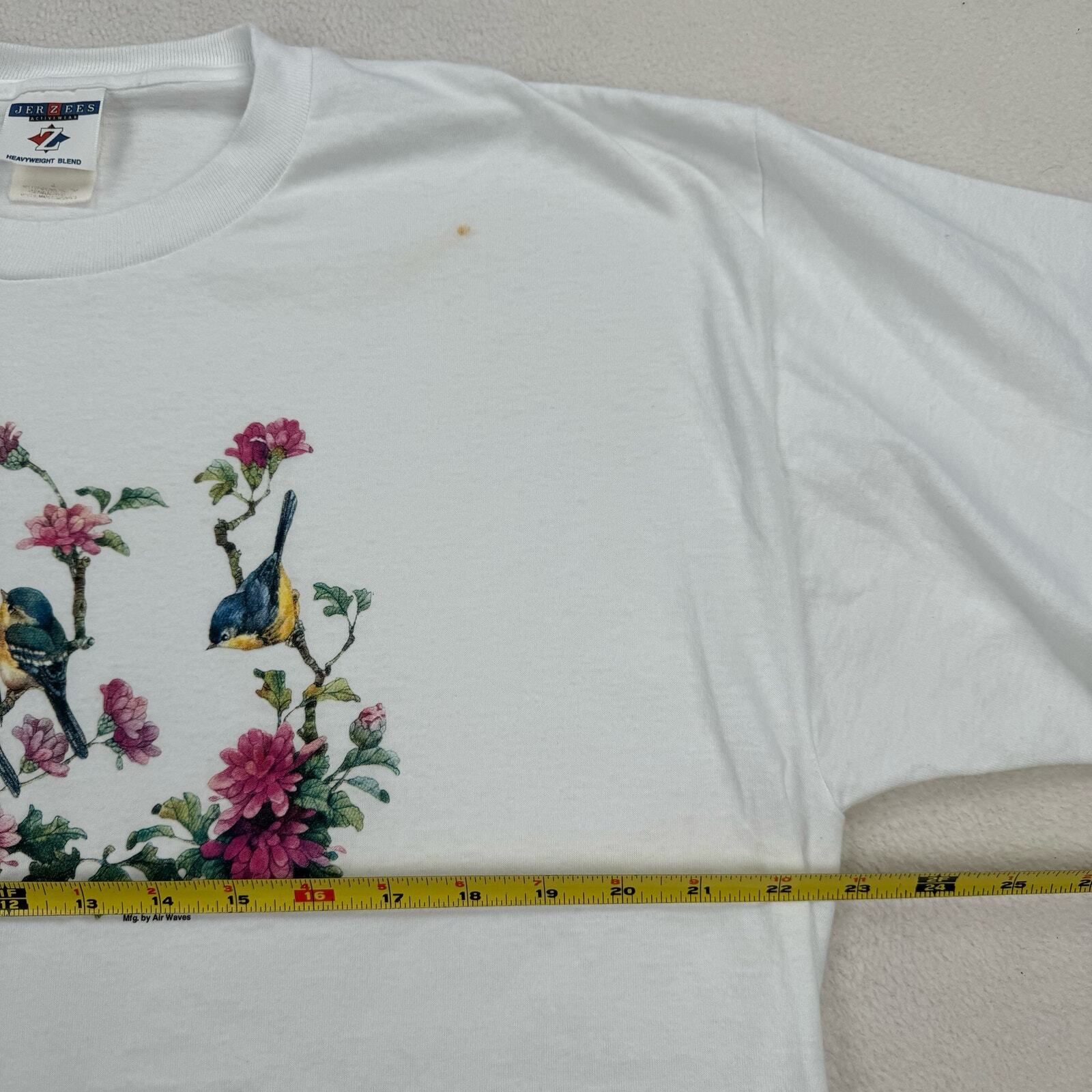 Vintage Flower Shirt Size Large White Short Sleeve Floral Birds Cottage Cute