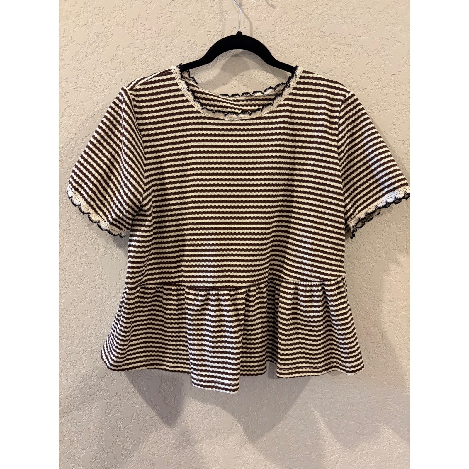 Shein Brown White Striped Peplum Top Crochet Trim Waffle Knit Plus Size 0XL