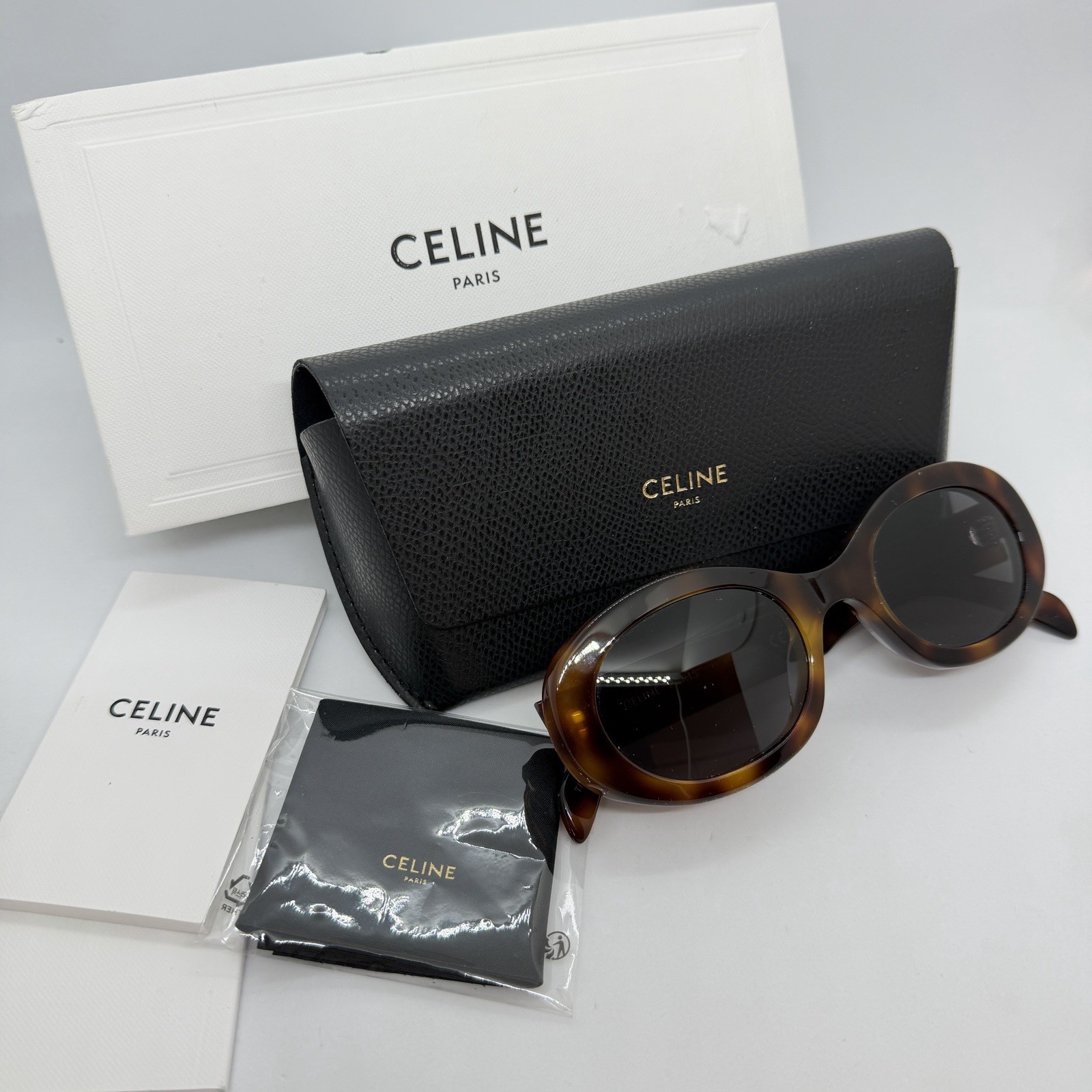 CELINE Triomphe women’s oval sunglasses + hard case +bag 52mm CL40194U Tortoise