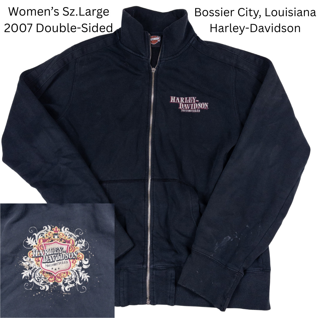 Harley Davidson Women’s Full Zip Jacket L Black 2007 Bossier City LA Faded AOP