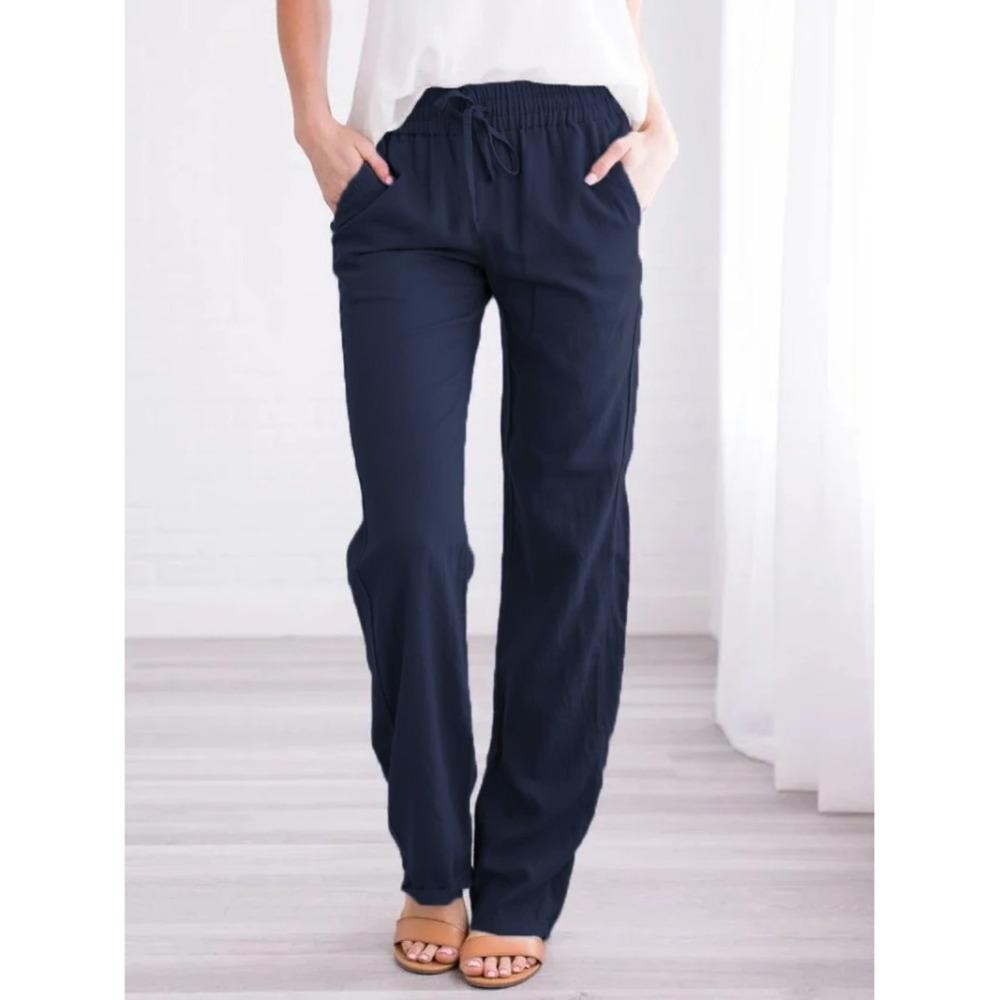 Women Cotton Linen Drawstring Pants Elastic Waist Loose Straight Leg Trousers