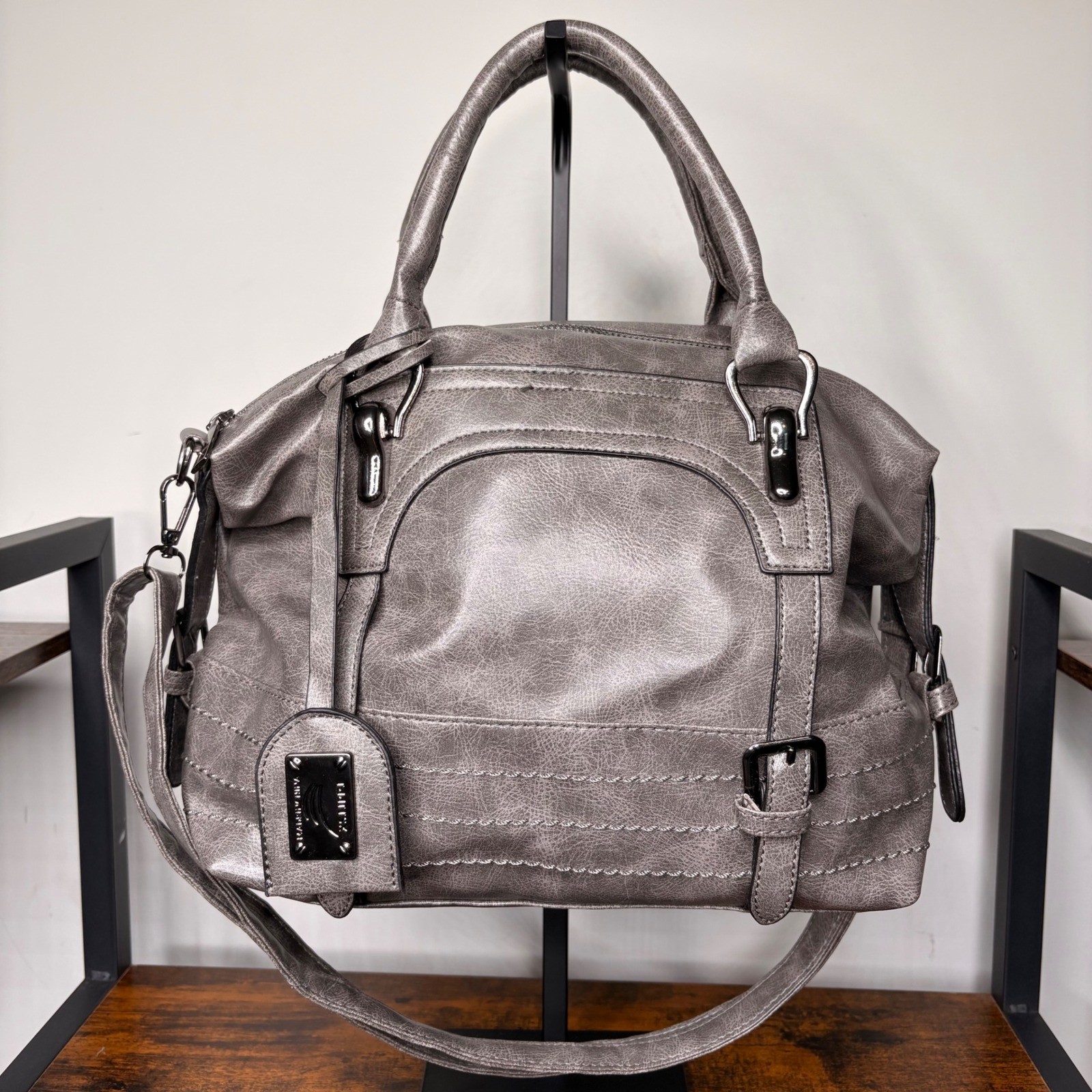 Gray Faux Leather Satchel Handbag Crossbody Bag Side Buckles Gunmetal Hardware