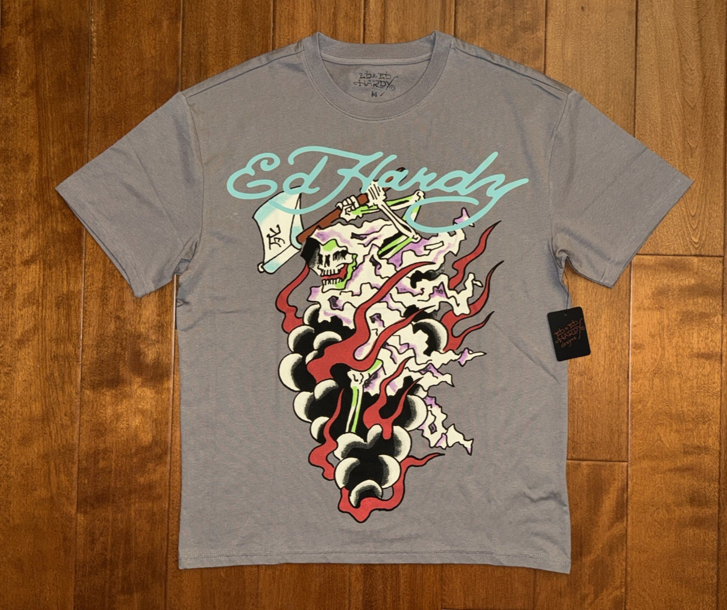 Ed Hardy T-Shirt Mens Tattoo Axe Death Reaper Graphic Tee Medium Light Grey NWT
