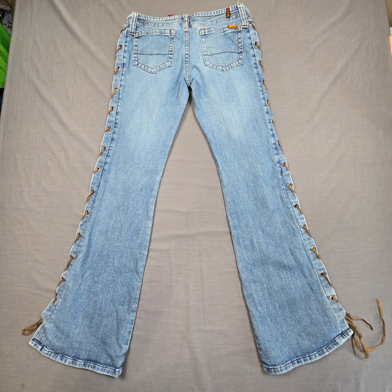 Vintage Y2K 90s Bongo Size 7 Lace-Up Low Rise Flare Jeans Festival Denim Boho