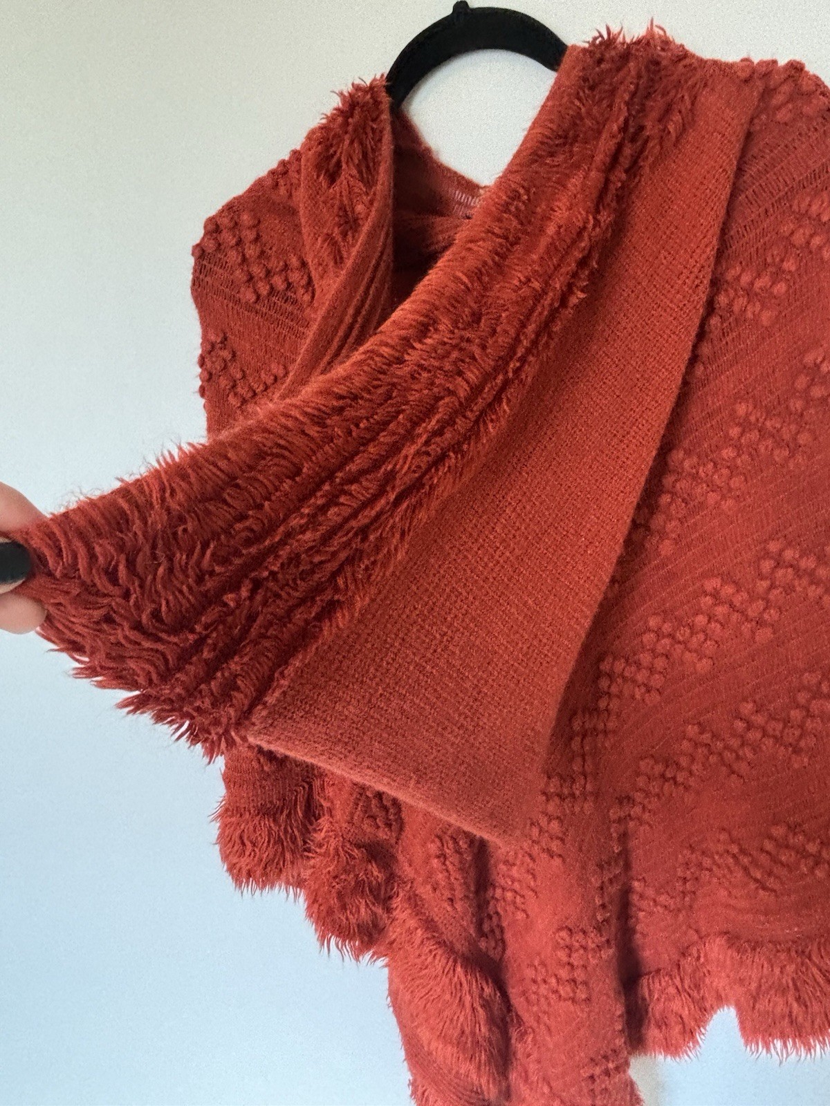 Coco + Carmen Rust Red Popcorn Textured Knit Hooded Fringe Poncho Cape One Size