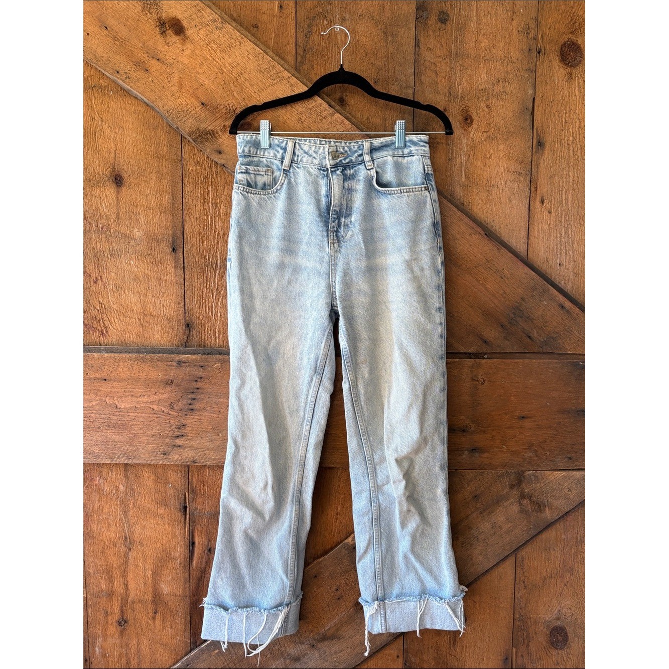Zara Womens Light Blue Boyfriend Jeans Straight Leg Raw Cuffed Frayed Hem Size 4