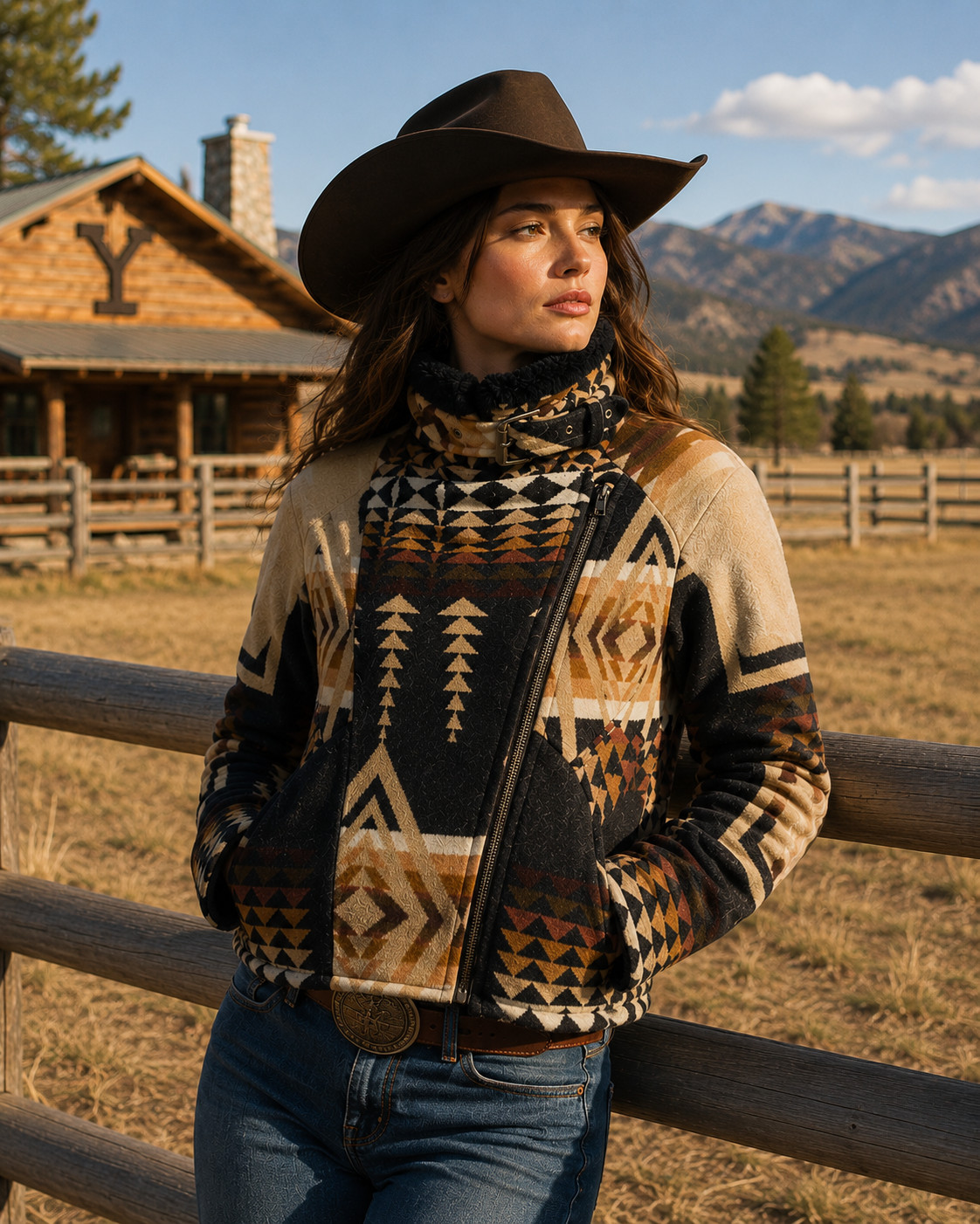 Women’s Western Aztec Print Wool Aviator Jacket: Beth Dutton Kelly Style Bomber