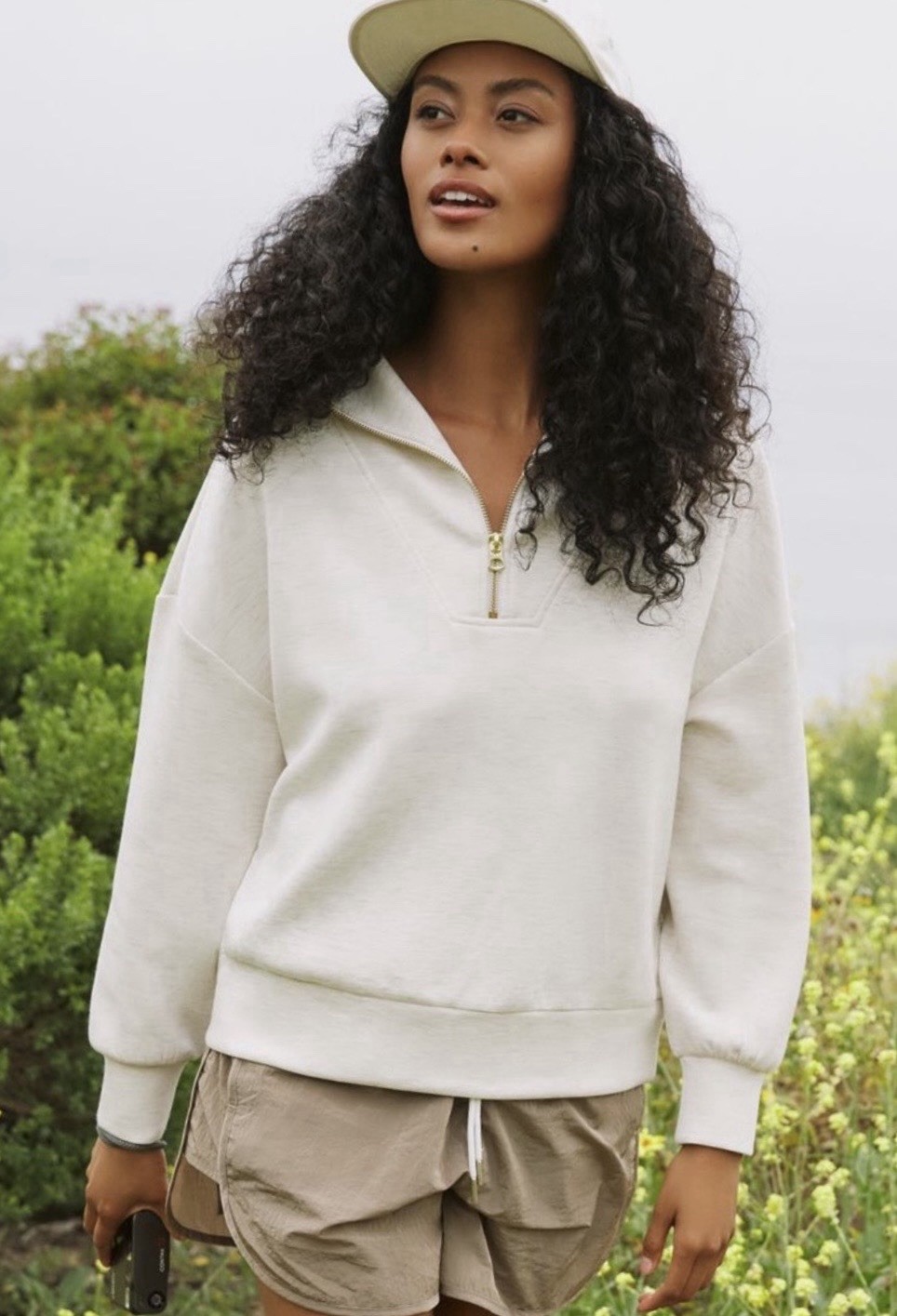 Varley Hawley Half Zip Sweatshirt Heathered Ivory Marl Size LARGE DoubleSoft