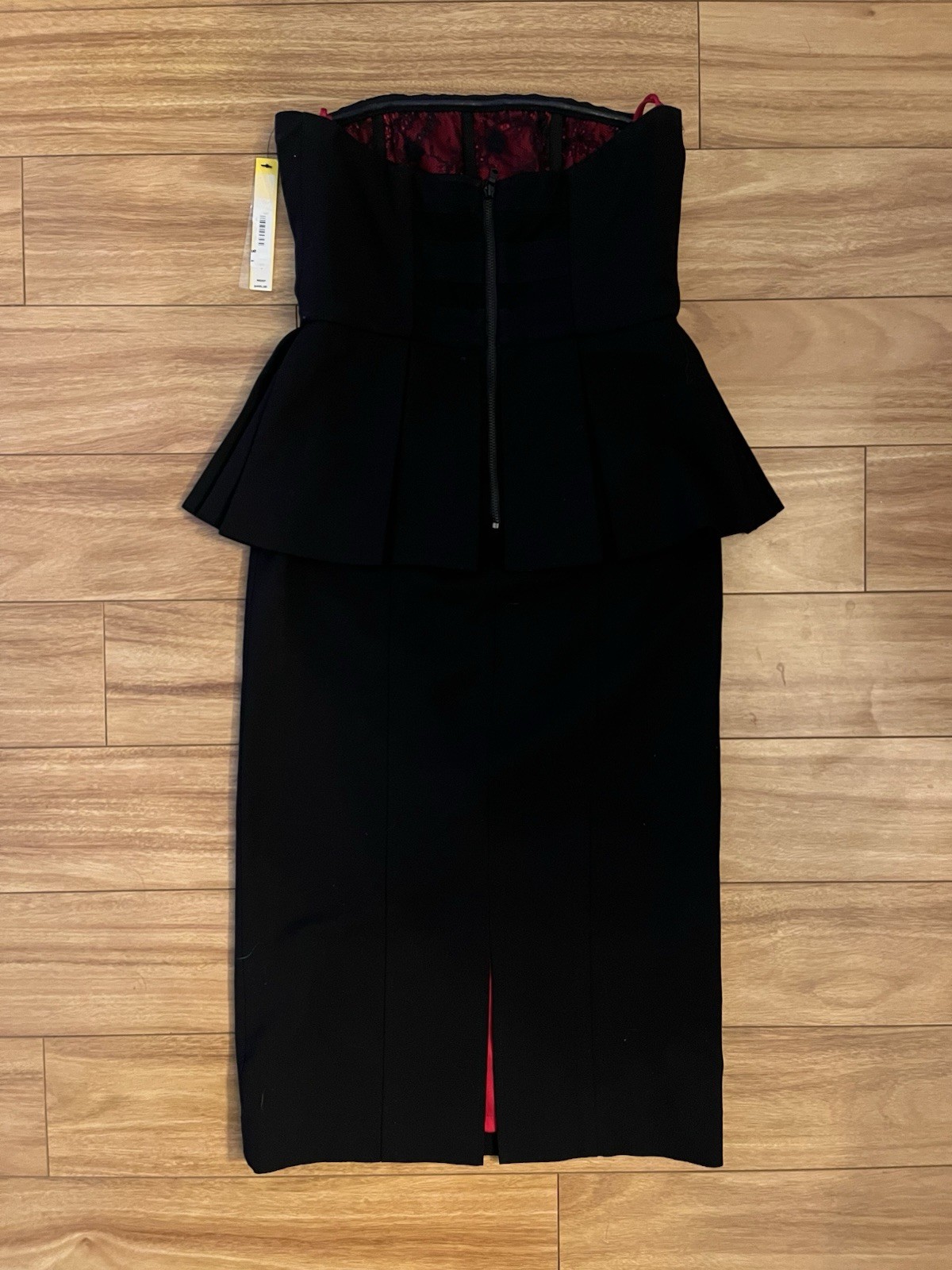 alice + olivia Black Red Strapless Sheath Peplum Midi Zip Dress Size 2