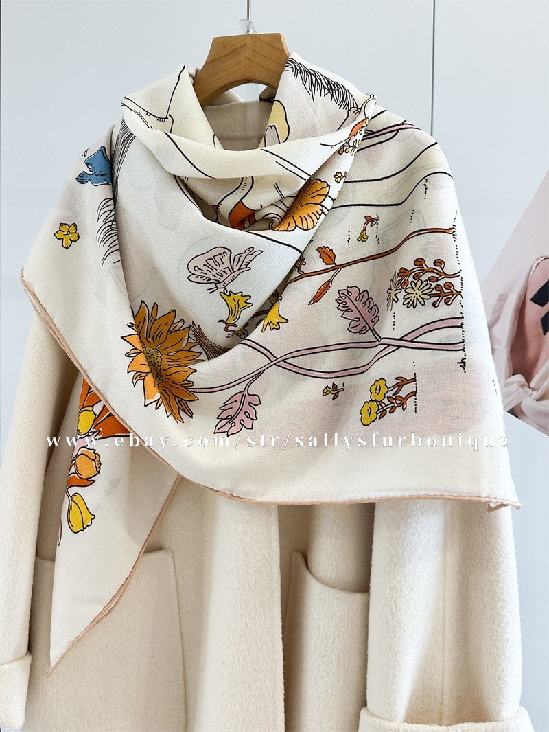 Sallys 70% Cashmere 30% Silk Wrap Scarf Apple Trees Print 2 Face Shawl 53″ Cream