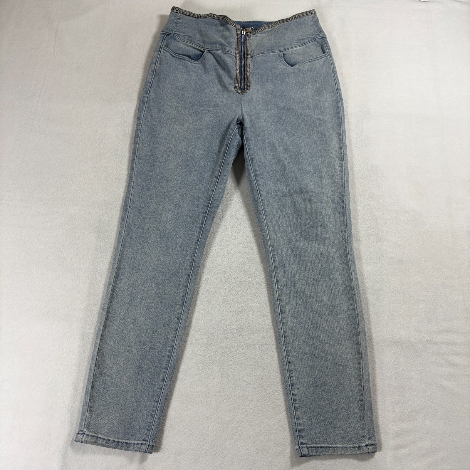 High Rise Front Zip Skinny Jeans Stretch Womens Tag L Fits Like 30X28 Light Wash