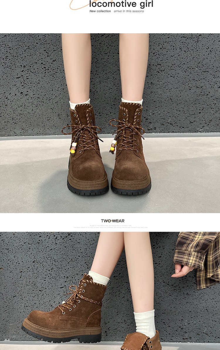 Real Leather Suede Ankle Boots Womens Platform British Thick Soled Casual Shoes