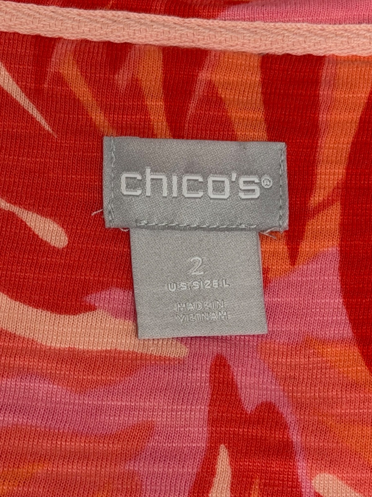 Chico’s The Ultimate Tee Shirt Cotton, Size 2, Tropical pattern, button back