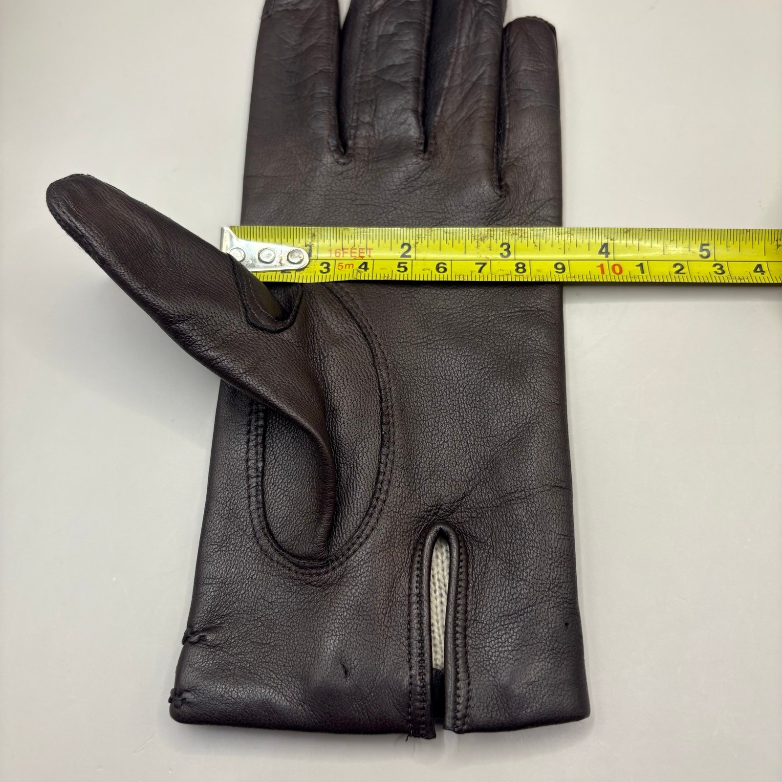 VTG Leather Gloves Sz 7 Brown Knit Fabric Lined Unbranded Braided Embellished