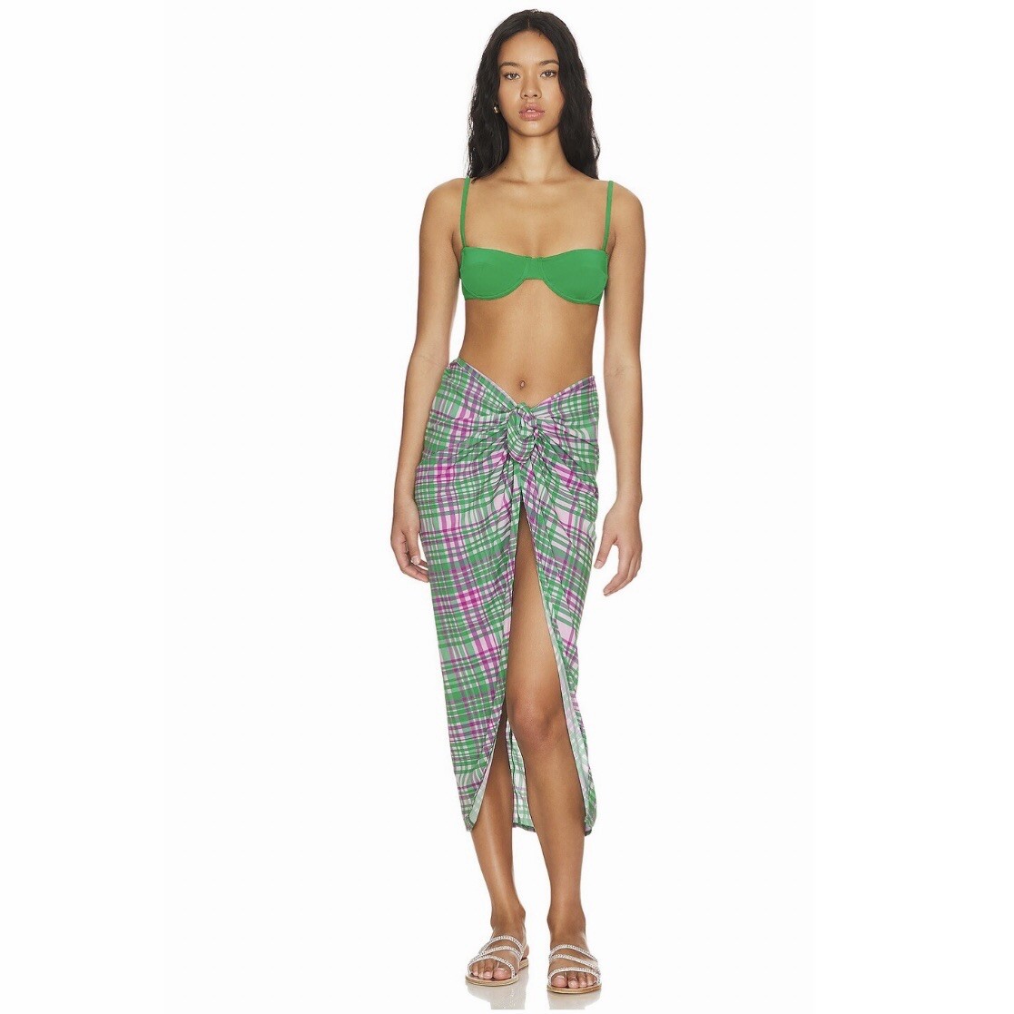 Revolve Swimwear Cover Up Small Plush Apparel Sarong Plaid Green Pink Skirt NWT