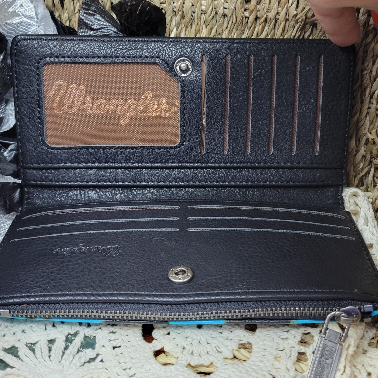 Wrangler Women’s Cow Print Bi-Fold Wallet Turquoise And Black 7.5 X 3.5 Inches