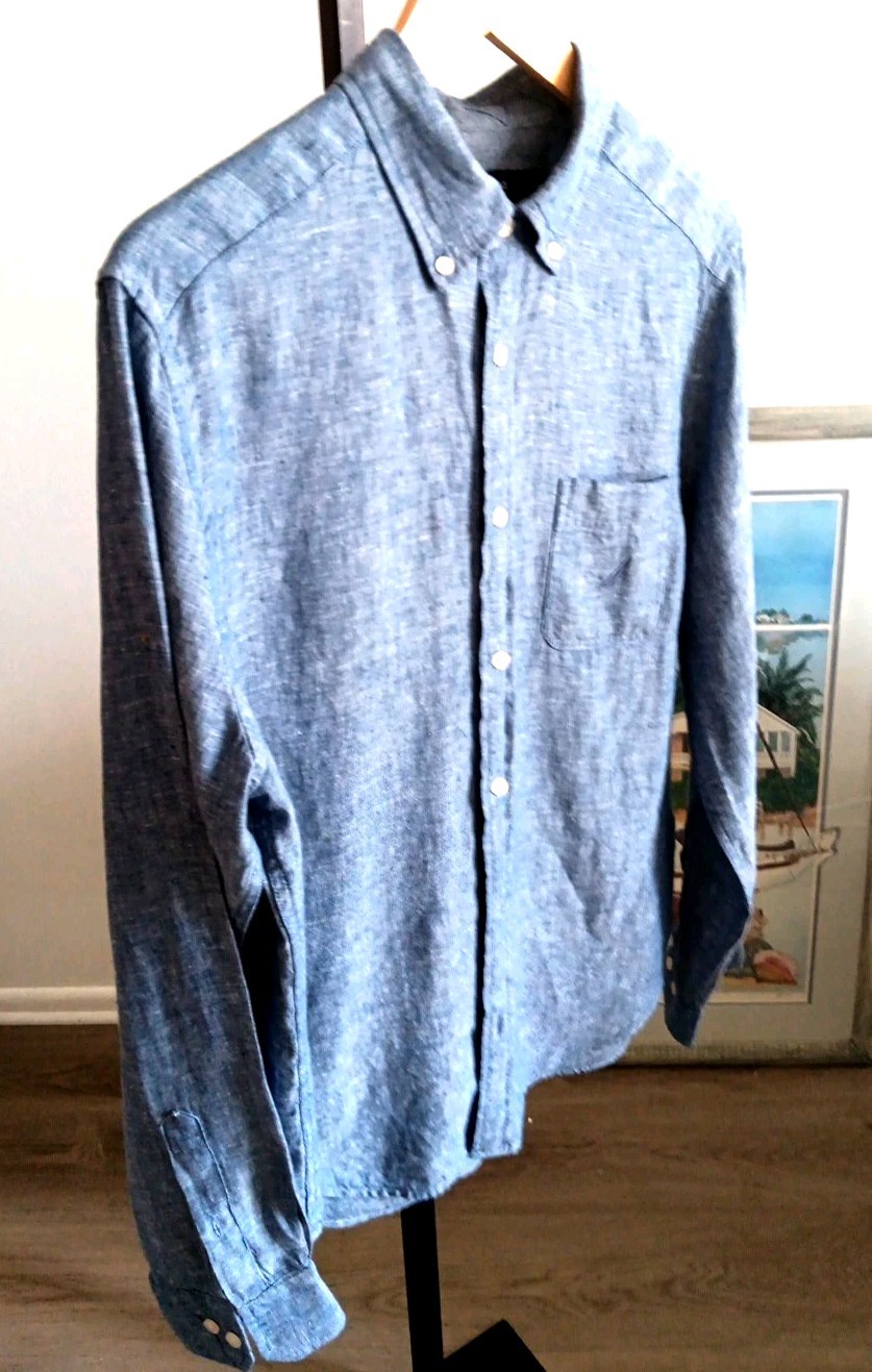 100% Linen Nautica Button Up Shirt Men’s M Chambray Blue Resort Lightweight L/S