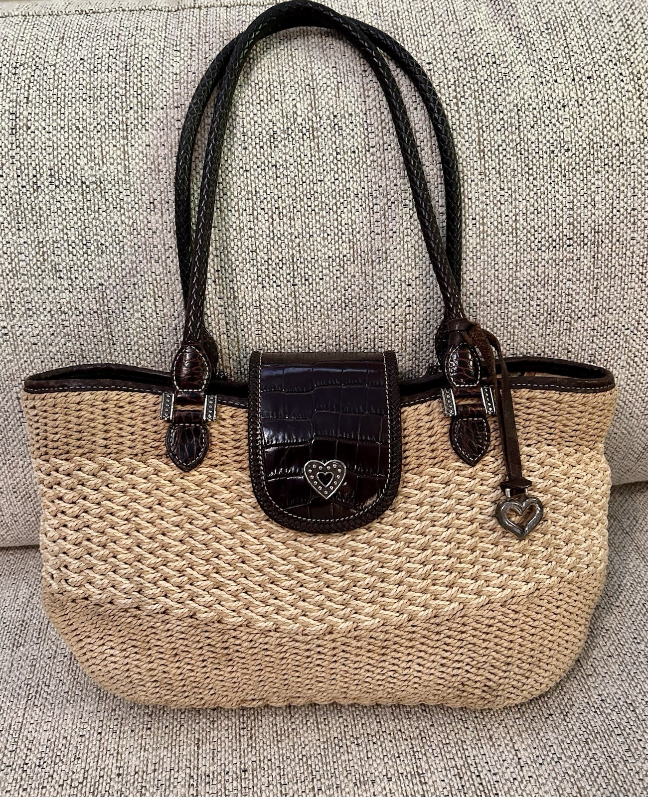 Brighton Savannah Elegant Brown & Tan Woven Handbag With Braided Leather Straps