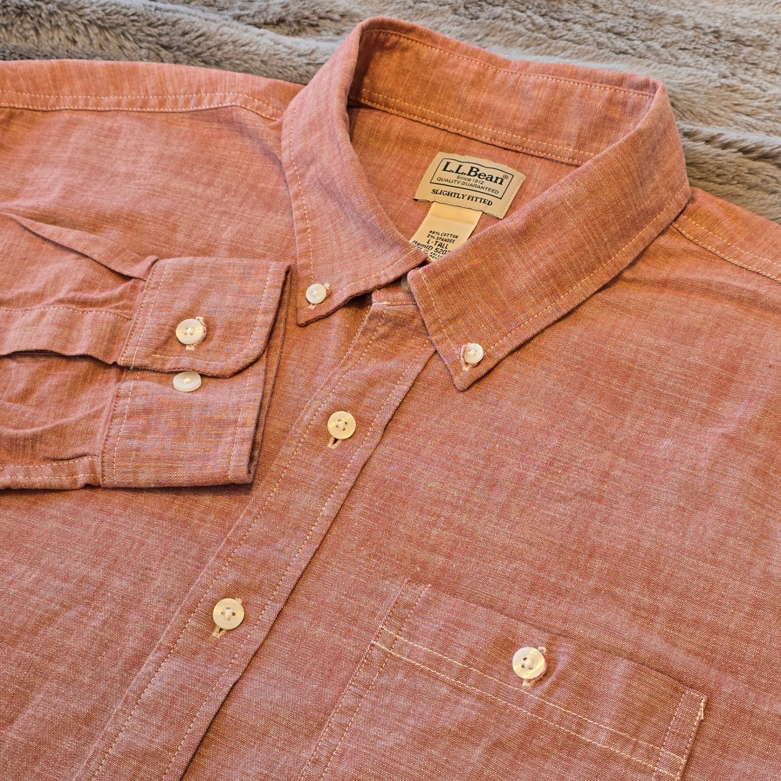 LL Bean Mens Large Tall Slightly Fitted Chambray Button Down Shirt Red Orange