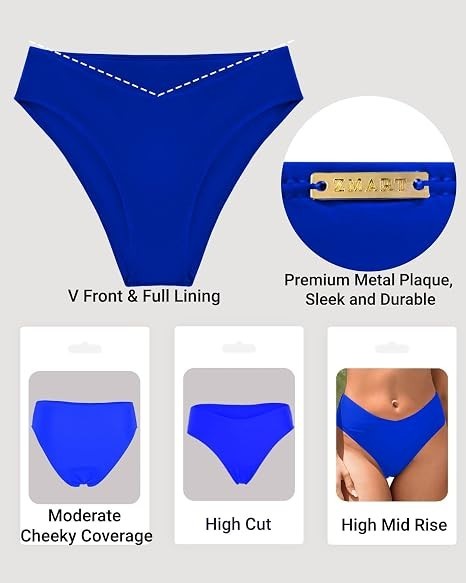 (S) Women’s V-Cut Cheeky Bikini Bottoms | Mid-Waist High-Cut Swimwear Bottoms