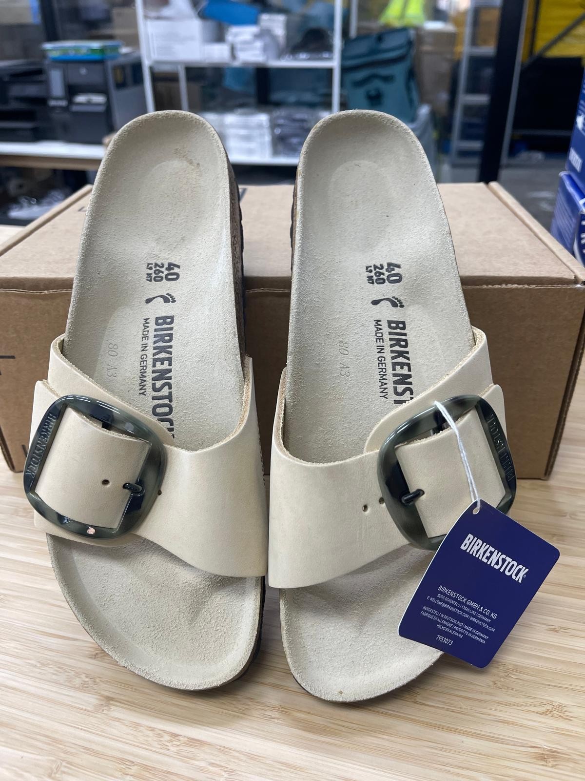 Birkenstock Madrid Torty Big Buckle Nubuck Sandals Off White, EU 40/US W9-M7